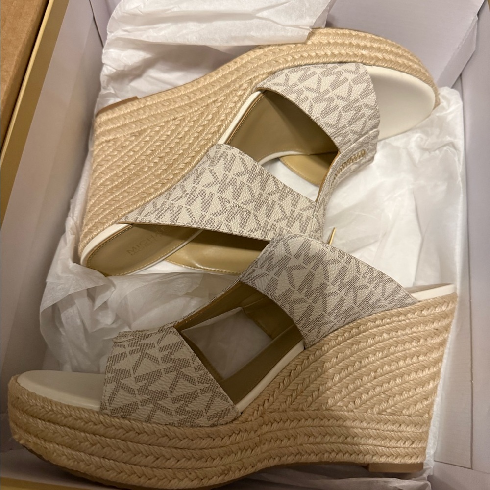 Michael Kors Cream and Tan Wedge Sandals